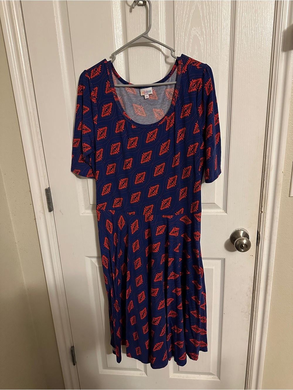 LuLaRoe Blue Dress with Red Geometric Print